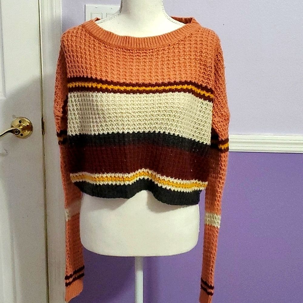 Rue21 Y2K Salmon Striped Crochet Boho Slouchy Cropped Long Sleeve Sweater M